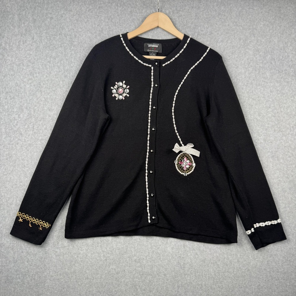 Designers‎ Originals Cardigan Womens Large Black Beaded Celestial Charm Sweater